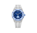 Relógio Swatch x Audemars Piguet Bioceramic Royal Pop 'Savonnette Lan Ba' Azul com Pulseira – relógio montado no case em aço inoxidável prata com pulseira FKM branca, vista frontal