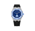 Relógio Swatch x Audemars Piguet Bioceramic Royal Pop 'Savonnette Lan Ba' Azul com Pulseira – relógio montado no case em aço inoxidável prata com pulseira FKM preta, vista frontal