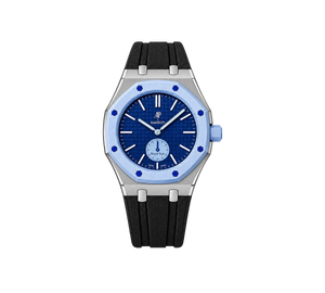 Relógio Swatch x Audemars Piguet Bioceramic Royal Pop 'Savonnette Lan Ba' Azul com Pulseira – relógio montado no case em aço inoxidável prata com pulseira FKM preta, vista frontal