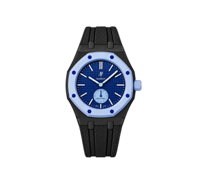 Relógio Swatch x Audemars Piguet Bioceramic Royal Pop 'Savonnette Lan Ba' Azul com Pulseira – relógio montado no case em aço inoxidável preto com pulseira FKM preta, vista frontal