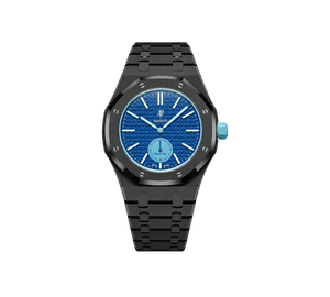 Relógio Swatch x Audemars Piguet Bioceramic Royal Pop 'Savonnette Lan Ba' Azul com Pulseira – relógio montado no case full frame com pulseira em aço inoxidável preto, vista frontal
