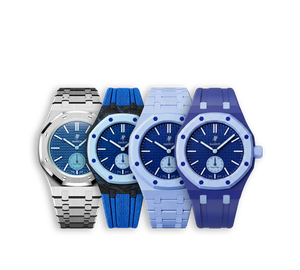 Relógio Swatch x Audemars Piguet Bioceramic Royal Pop 'Savonnette Lan Ba' Azul com Pulseira – relógio em quatro versões de pulseira (aço, carbono, bioceramic e borracha), vista frontal