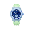 Relógio Swatch x Audemars Piguet Bioceramic Royal Pop 'Savonnette Lan Ba' Azul com Pulseira – relógio montado no case com pulseira em borracha verde, vista frontal