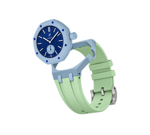 Relógio Swatch x Audemars Piguet Bioceramic Royal Pop 'Savonnette Lan Ba' Azul com Pulseira – kit desmontado em borracha verde, cabeça do relógio e case com pulseira