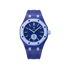 Relógio Swatch x Audemars Piguet Bioceramic Royal Pop 'Savonnette Lan Ba' Azul com Pulseira – relógio montado no case com pulseira em borracha, vista frontal