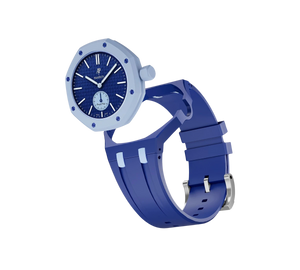 Relógio Swatch x Audemars Piguet Bioceramic Royal Pop 'Savonnette Lan Ba' Azul com Pulseira – kit desmontado em borracha, cabeça do relógio e case com pulseira