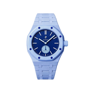 Relógio Swatch x Audemars Piguet Bioceramic Royal Pop 'Savonnette Lan Ba' Azul com Pulseira – relógio montado no case com pulseira em bioceramic, vista frontal