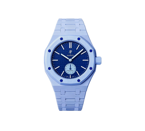 Relógio Swatch x Audemars Piguet Bioceramic Royal Pop 'Savonnette Lan Ba' Azul com Pulseira – relógio montado no case com pulseira em bioceramic, vista frontal