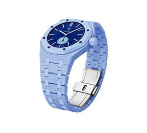 Relógio Swatch x Audemars Piguet Bioceramic Royal Pop 'Savonnette Lan Ba' Azul com Pulseira – relógio montado no case com pulseira em bioceramic, vista 3/4