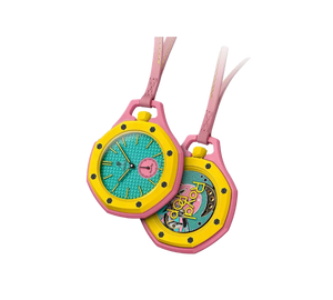 Relógio Swatch x Audemars Piguet Bioceramic Royal Pop 'Savonnette Otg Roz' Amarelo com Pulseira – par de relógios de bolso, frente e verso