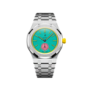 Relógio Swatch x Audemars Piguet Bioceramic Royal Pop 'Savonnette Otg Roz' Amarelo com Pulseira – relógio montado no case full frame com bracelete em aço inoxidável, vista frontal