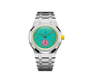 Relógio Swatch x Audemars Piguet Bioceramic Royal Pop 'Savonnette Otg Roz' Amarelo com Pulseira – relógio montado no case full frame com bracelete em aço inoxidável, vista frontal