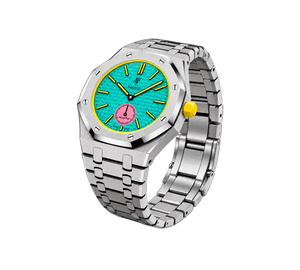Relógio Swatch x Audemars Piguet Bioceramic Royal Pop 'Savonnette Otg Roz' Amarelo com Pulseira – relógio montado no case full frame com bracelete em aço inoxidável, vista 3/4