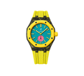 Relógio Swatch x Audemars Piguet Bioceramic Royal Pop 'Savonnette Otg Roz' Amarelo com Pulseira – relógio montado no case de fibra de carbono com pulseira FKM colorida, vista frontal