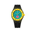 Relógio Swatch x Audemars Piguet Bioceramic Royal Pop 'Savonnette Otg Roz' Amarelo com Pulseira – relógio montado no case de fibra de carbono com pulseira FKM preta, vista frontal