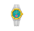 Relógio Swatch x Audemars Piguet Bioceramic Royal Pop 'Savonnette Otg Roz' Amarelo com Pulseira – relógio montado no case em aço inoxidável prata com pulseira FKM branca, vista frontal