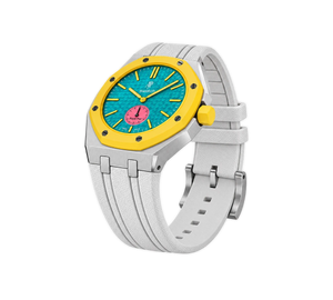 Relógio Swatch x Audemars Piguet Bioceramic Royal Pop 'Savonnette Otg Roz' Amarelo com Pulseira – relógio montado no case em aço inoxidável prata com pulseira FKM branca, vista 3/4