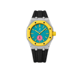 Relógio Swatch x Audemars Piguet Bioceramic Royal Pop 'Savonnette Otg Roz' Amarelo com Pulseira – relógio montado no case em aço inoxidável prata com pulseira FKM preta, vista frontal