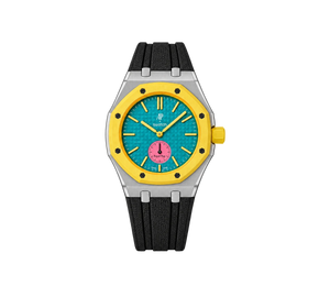 Relógio Swatch x Audemars Piguet Bioceramic Royal Pop 'Savonnette Otg Roz' Amarelo com Pulseira – relógio montado no case em aço inoxidável prata com pulseira FKM preta, vista frontal