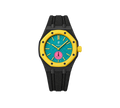 Relógio Swatch x Audemars Piguet Bioceramic Royal Pop 'Savonnette Otg Roz' Amarelo com Pulseira – relógio montado no case em aço inoxidável preto com pulseira FKM preta, vista frontal