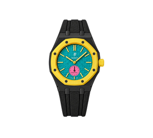 Relógio Swatch x Audemars Piguet Bioceramic Royal Pop 'Savonnette Otg Roz' Amarelo com Pulseira – relógio montado no case em aço inoxidável preto com pulseira FKM preta, vista frontal