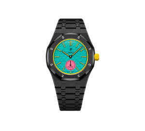 Relógio Swatch x Audemars Piguet Bioceramic Royal Pop 'Savonnette Otg Roz' Amarelo com Pulseira – relógio montado no case full frame com pulseira em aço inoxidável preto, vista frontal