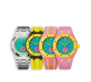 Relógio Swatch x Audemars Piguet Bioceramic Royal Pop 'Savonnette Otg Roz' Amarelo com Pulseira – relógio em quatro versões de pulseira (aço, carbono, bioceramic e borracha), vista frontal
