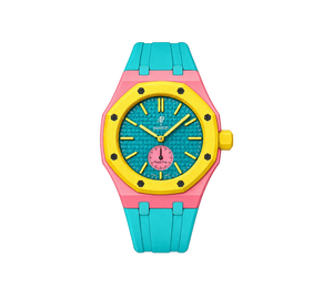 Relógio Swatch x Audemars Piguet Bioceramic Royal Pop 'Savonnette Otg Roz' Amarelo com Pulseira – relógio montado no case com pulseira em borracha turquesa, vista frontal