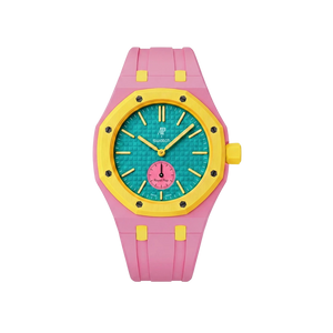 Relógio Swatch x Audemars Piguet Bioceramic Royal Pop 'Savonnette Otg Roz' Amarelo com Pulseira – relógio montado no case com pulseira em borracha, vista frontal