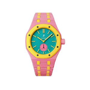 Relógio Swatch x Audemars Piguet Bioceramic Royal Pop 'Savonnette Otg Roz' Amarelo com Pulseira – relógio montado no case com pulseira em bioceramic, vista frontal