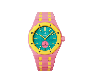 Relógio Swatch x Audemars Piguet Bioceramic Royal Pop 'Savonnette Otg Roz' Amarelo com Pulseira – relógio montado no case com pulseira em bioceramic, vista frontal
