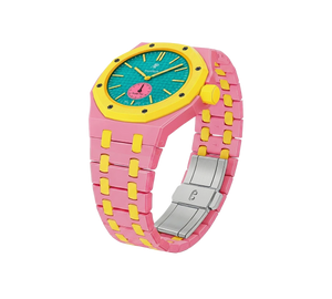 Relógio Swatch x Audemars Piguet Bioceramic Royal Pop 'Savonnette Otg Roz' Amarelo com Pulseira – relógio montado no case com pulseira em bioceramic, vista 3/4