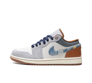 Tênis Nike Air Jordan 1 Low SE 'Repaired Denim Swoosh' Cinza / Marrom – vista lateral