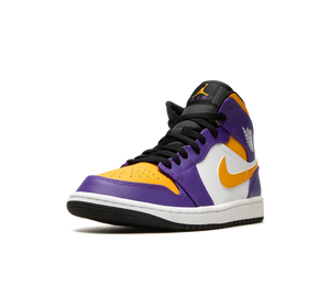 Tênis Nike Air Jordan 1 Mid Masculino 'Lakers' Roxo / Dourado – vista 3/4 de frente