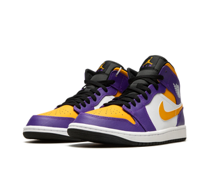 Tênis Nike Air Jordan 1 Mid Masculino 'Lakers' Roxo / Dourado – par visto de frente