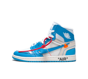 Tênis Nike Air Jordan 1 Retro High x Off-White 'University Blue' Azul / Branco – vista lateral