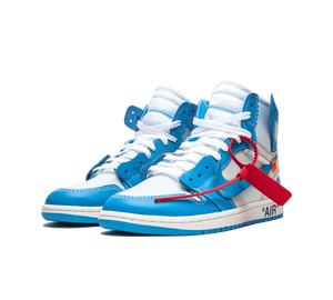 Tênis Nike Air Jordan 1 Retro High x Off-White 'University Blue' Azul / Branco – par de frente
