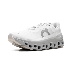 Tênis On Cloudmonster 'White Glacier' Branco / Cinza – vista 3/4 frontal
